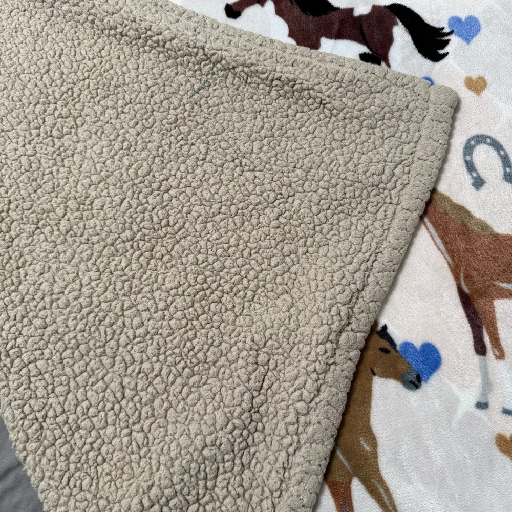 Horse Print Sherpa Lined Throw Blanket Blue Gold Hearts Horseshoe Fleece 46x62